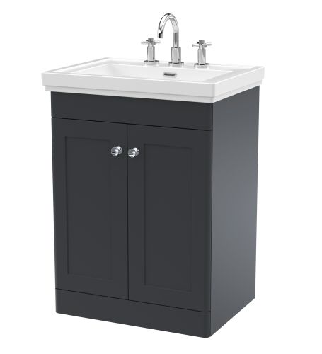 Nuie Classique 600mm Satin Anthracite Traditional Floor Standing 2-Door Unit & Basin 3 Tap Holes