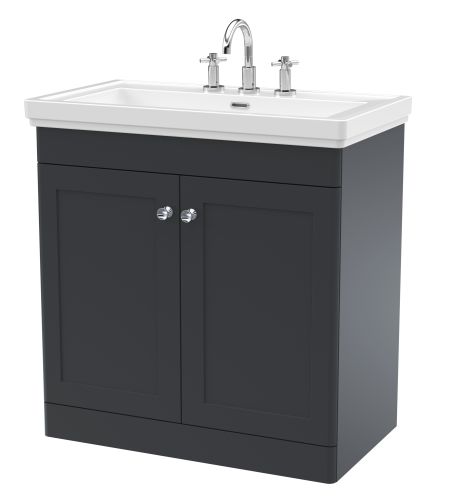 Nuie Classique 800mm Satin Anthracite Traditional Floor Standing 2-Door Unit & Basin 3 Tap Holes