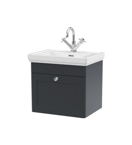 Nuie Classique 500mm Satin Anthracite Traditional Wall Hung 1-Drawer Unit & Basin 1 Tap Hole