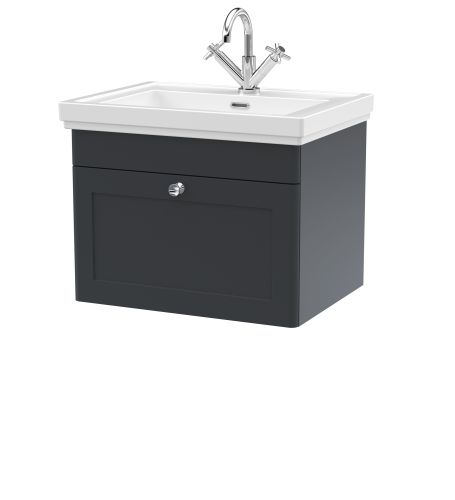 Nuie Classique 600mm Satin Anthracite Traditional Wall Hung 1-Drawer Unit & Basin 1 Tap Hole