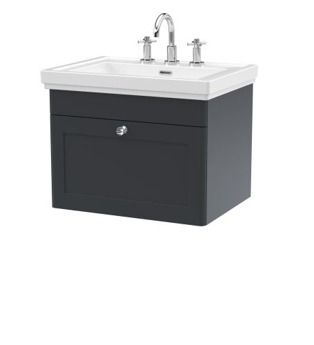 Nuie Classique 600mm Satin Anthracite Traditional Wall Hung 1-Drawer Unit & Basin 3 Tap Holes