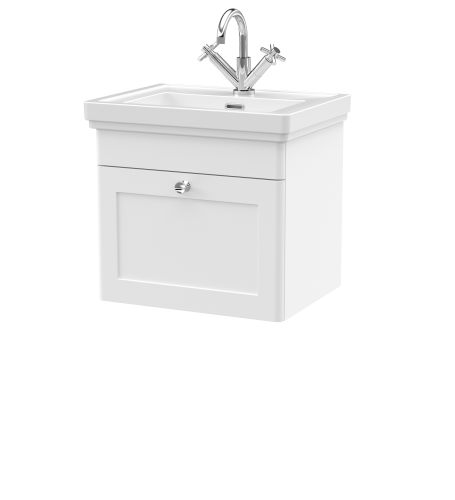 Nuie Classique 500mm Satin White Traditional Wall Hung 1-Drawer Unit & Basin 1 Tap Hole