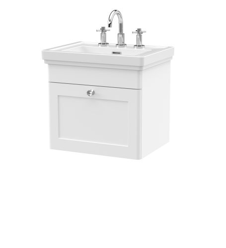 Nuie Classique 500mm Satin White Traditional Wall Hung 1-Drawer Unit & Basin 3 Tap Holes