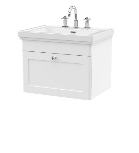 Nuie Classique 600mm Satin White Traditional Wall Hung 1-Drawer Unit & Basin 3 Tap Holes