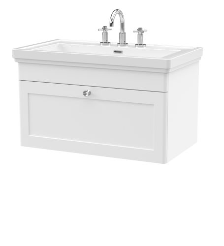 Nuie Classique 800mm Satin White Traditional Wall Hung 1-Drawer Unit & Basin 3 Tap Holes