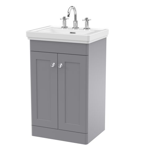 Nuie Classique 500mm Satin Grey Traditional Floor Standing 2-Door Unit & Basin 3 Tap Holes