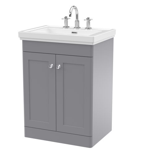 Nuie Classique 600mm Satin Grey Traditional Floor Standing 2-Door Unit & Basin 3 Tap Holes