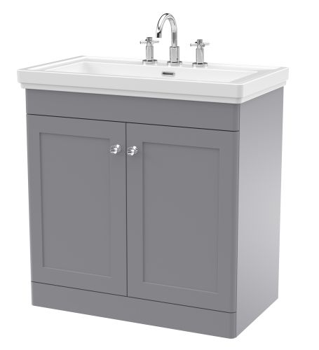 Nuie Classique 800mm Satin Grey Traditional Floor Standing 2-Door Unit & Basin 3 Tap Holes