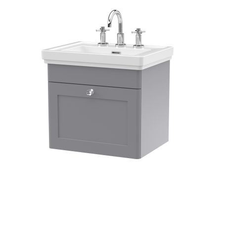 Nuie Classique 500mm Satin Grey Traditional Wall Hung 1-Drawer Unit & Basin 3 Tap Holes