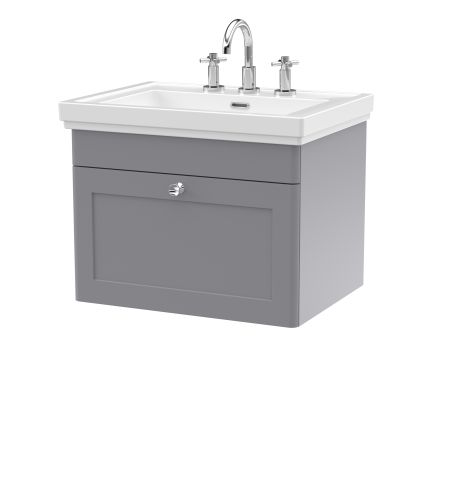 Nuie Classique 600mm Satin Grey Traditional Wall Hung 1-Drawer Unit & Basin 3 Tap Holes