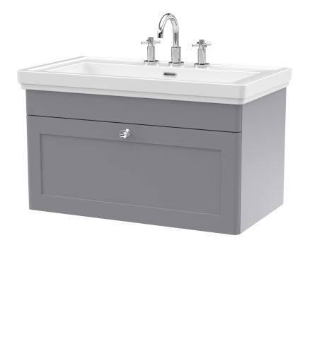 Nuie Classique 800mm Satin Grey Traditional Wall Hung 1-Drawer Unit & Basin 3 Tap Holes