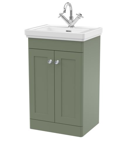 Nuie Classique 500mm Satin Green Traditional Floor Standing 2-Door Unit & Basin 1 Tap Hole