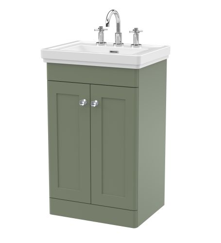 Nuie Classique 500mm Satin Green Traditional Floor Standing 2-Door Unit & Basin 3 Tap Holes