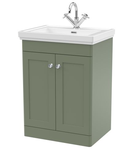 Nuie Classique 600mm Satin Green Traditional Floor Standing 2-Door Unit & Basin 1 Tap Hole