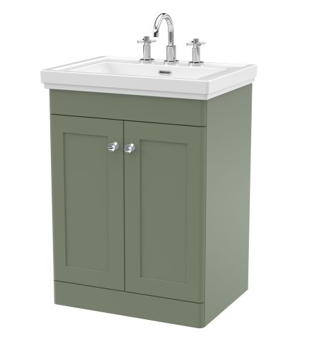 Nuie Classique 600mm Satin Green Traditional Floor Standing 2-Door Unit & Basin 3 Tap Holes