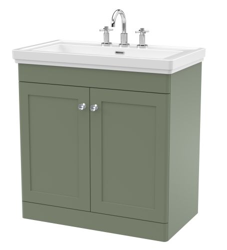 Nuie Classique 800mm Satin Green Traditional Floor Standing 2-Door Unit & Basin 3 Tap Holes