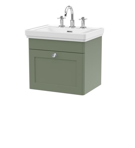 Nuie Classique 500mm Satin Green Traditional Wall Hung 1-Drawer Unit & Basin 3 Tap Holes