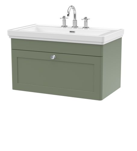 Nuie Classique 800mm Satin Green Traditional Wall Hung 1-Drawer Unit & Basin 3 Tap Holes