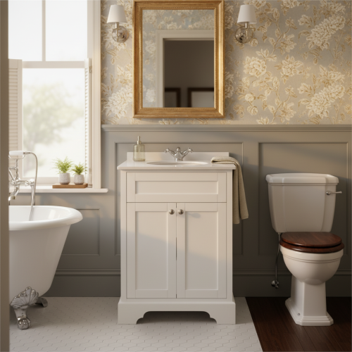 Kingsbury 600mm Traditional Floor Standing Vanity Unit With Marble Top And Undermount Bowl - White