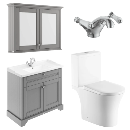 Hudson Reed Old London Storm Grey Mirror Cabinet, Vanity Unit, Basin, Tap and Toilet Bundle