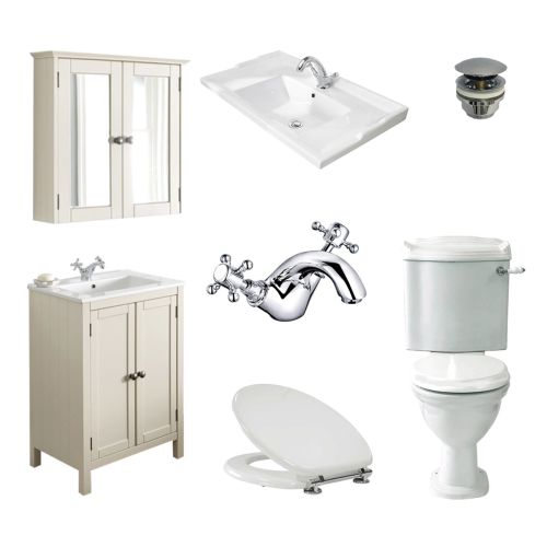 Etienne Traditional Vanity Unit, Tap, Mirror & Toilet Pack - Ivory