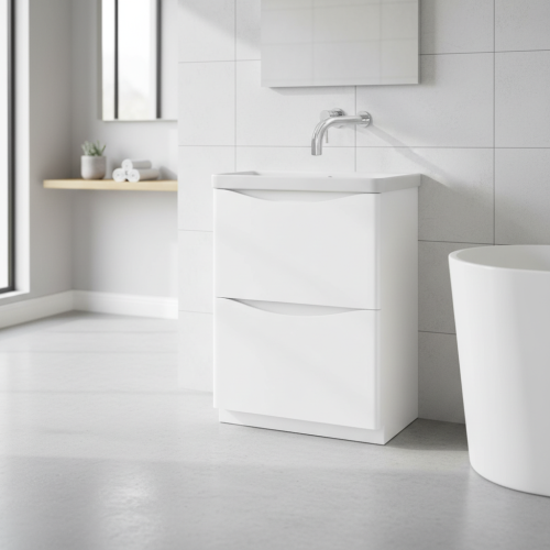 Happi 600mm Floorstanding Vanity Unit & Basin with No Tap Holes - Gloss White