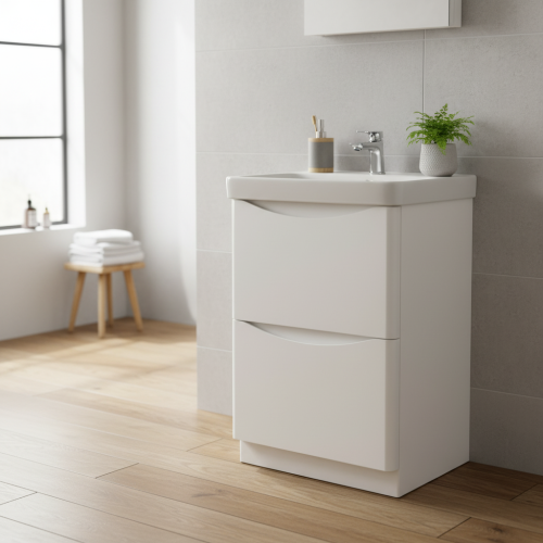 Happi 600mm 2 Drawer Floorstanding Vanity Unit - Matt White inc Basin