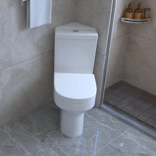 Harmony Rimless Comfort Height Close Coupled Corner Toilet with Soft Close Toilet Seat