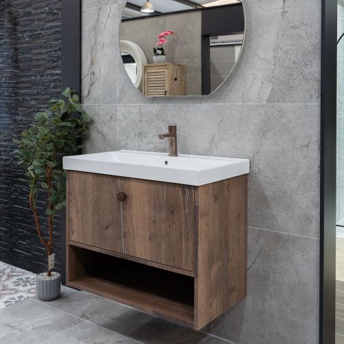 Josef Martin Havana 800mm Wall Mounted Vanity Unit & Inset Basin - Pewter Oak