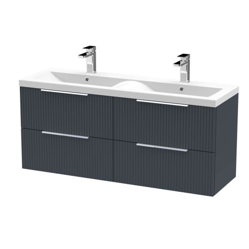 Hudson Reed Fluted 1200mm Wall Mounted 4 Drawer Vanity Unit & Double Basin - Satin Anthracite