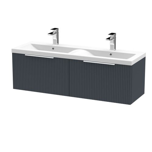Hudson Reed Fluted 1200mm Wall Mounted 2 Drawer Vanity Unit & Double Basin - Satin Anthracite