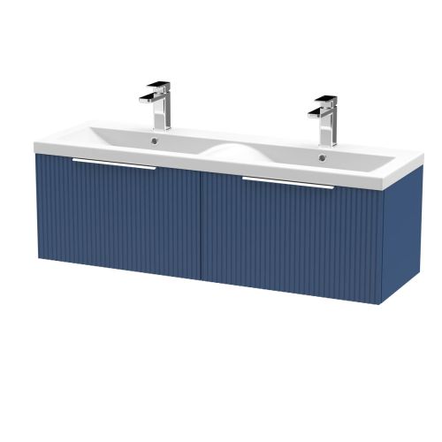 Hudson Reed Fluted 1200mm Wall Mounted 2 Drawer Vanity Unit & Double Basin - Satin Blue