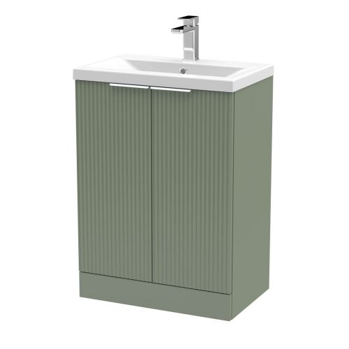 Hudson Reed Fluted 600mm Floorstanding 2 Door Vanity Unit & Basin - Satin Green