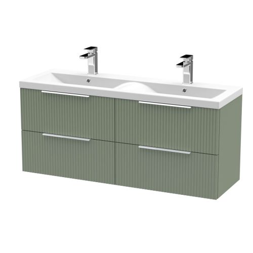 Hudson Reed Fluted 1200mm Wall Mounted 4 Drawer Vanity Unit & Double Basin - Satin Green