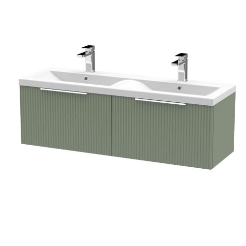 Hudson Reed Fluted 1200mm Wall Mounted 2 Drawer Vanity Unit & Double Basin - Satin Green
