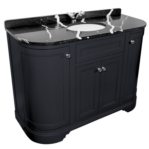 Kingsbury Classic Curved 1200mm Floorstanding Vanity Unit, Black Marble Worktop & Ceramic Basin - Dark Grey