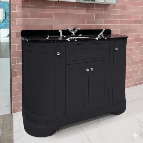 Kingsbury Classic Curved 1200mm Floorstanding Vanity Unit, Black Marble Worktop & Ceramic Basin - Dark Grey
