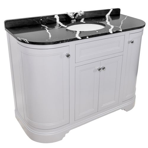 Kingsbury Classic Curved 1200mm Floorstanding Vanity Unit, Black Marble Worktop & Ceramic Basin - Light Grey