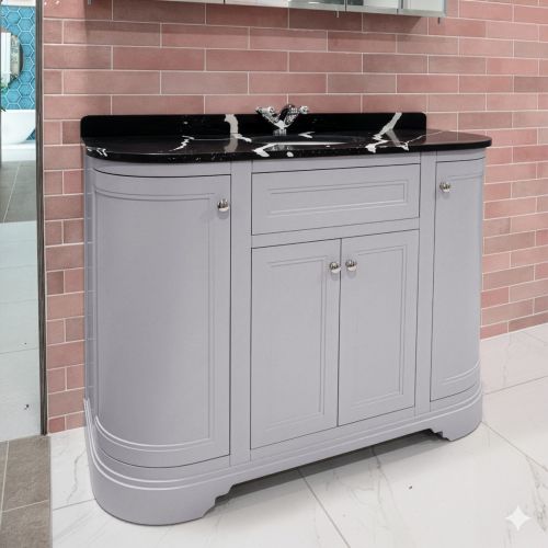 Kingsbury Classic Curved 1200mm Floorstanding Vanity Unit, Black Marble Worktop & Ceramic Basin - Light Grey