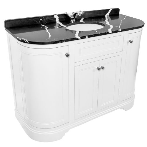 Kingsbury Classic Curved 1200mm Floorstanding Vanity Unit, Black Marble Worktop & Ceramic Basin - White