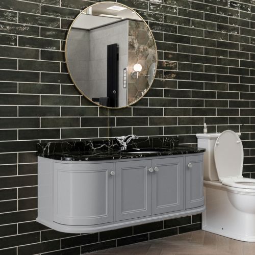 Kingsbury Classic Curved 1200mm Wall Mounted Vanity Unit, Black Marble Worktop & Ceramic Basin - Signal Grey