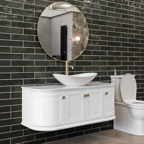 Kingsbury Classic Curved 1200mm Wall Mounted Vanity Unit with Marble Worktop - White