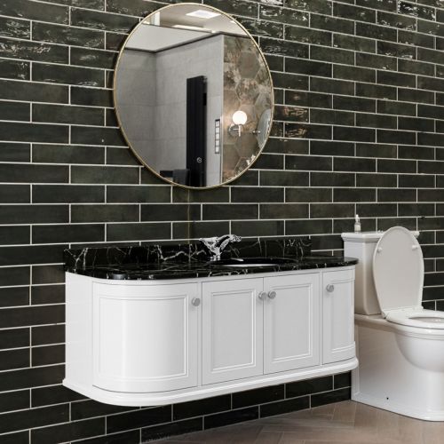 Kingsbury Classic Curved 1200mm Wall Mounted Vanity Unit, Black Marble Worktop & Ceramic Basin - White