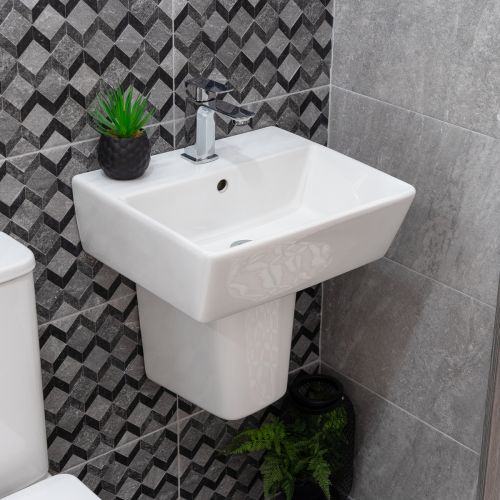 Linea Square 1 Tap Hole Basin & Semi Pedestal - 450mm (10819)
