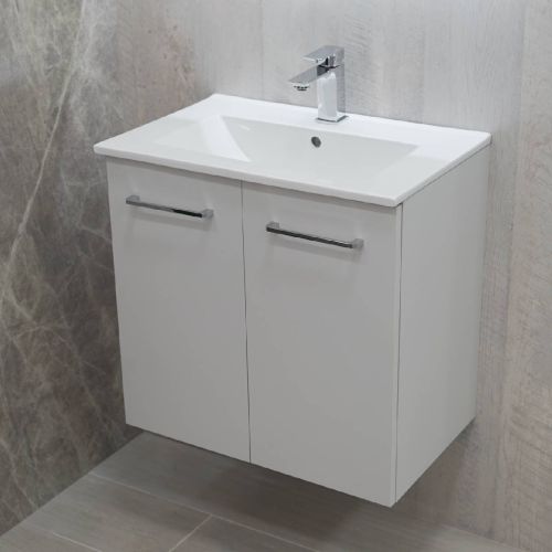 Linea 600mm Wall Hung Matt Grey Vanity Unit - Chrome Bundle (15861)