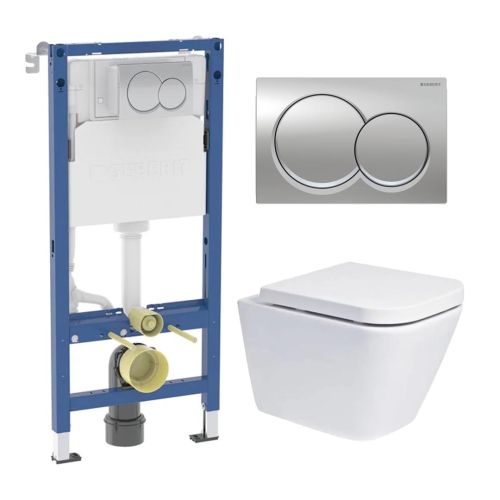 Geberit Duofix 1.12m Wall Hung WC Frame 3 in 1 Deal with Chrome Flush Plate and Wall Hung Toilet