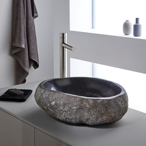 Rock Carved Natural Stone Basin  - 45x40x15cm - Dark grey