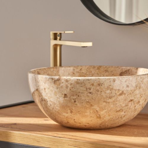 Lagoa Carved Polished Stone Basin  - 35x35x15cm - Crema
