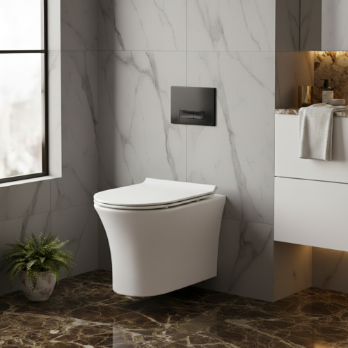 Munich Wall Hung Toilet & SAN85 1.1m Wall Hung WC Frame Deal & Black Flush Plate (21447)