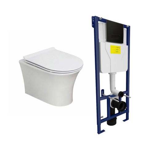 Munich Wall Hung Toilet & SAN85 1.1m Wall Hung WC Frame Deal & Black Flush Plate (21447)